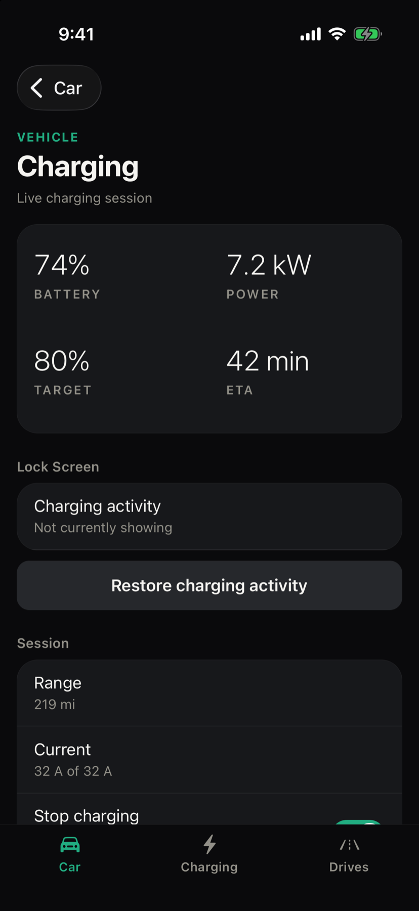 Ludic Pulse live charging session with battery, power, target, and ETA
