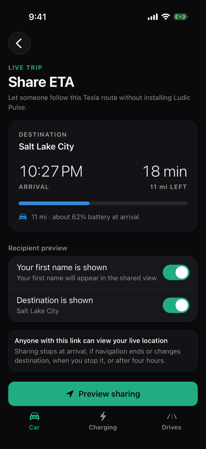 Ludic Pulse Shared ETA screen with recipient privacy controls