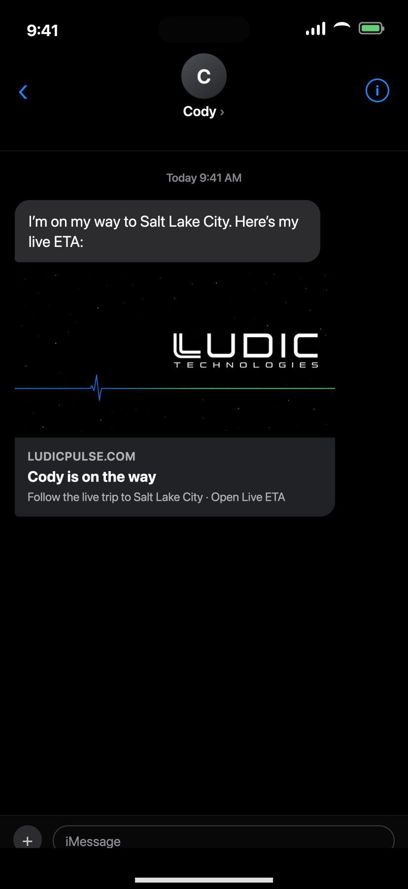 Messages conversation showing an incoming Ludic Pulse live ETA link preview
