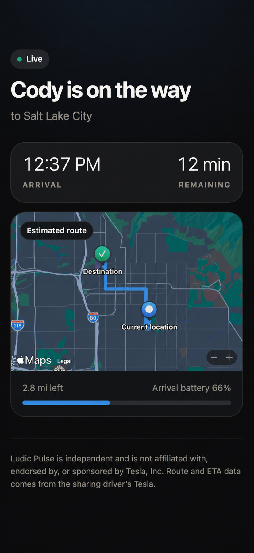 Shared ETA recipient page showing arrival time and an estimated route