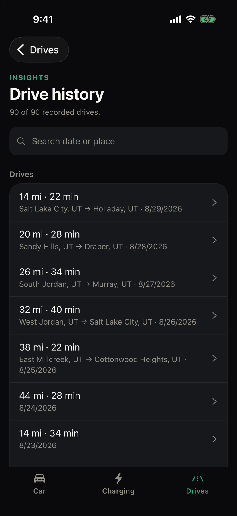 Ludic Pulse Drive History screen with demo trips searchable by date or place